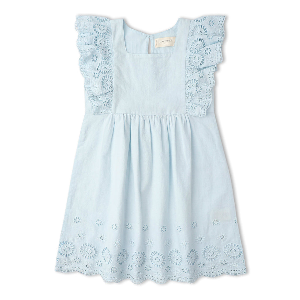 Organic Cotton Eyelet Flutter Dress - Light Blue