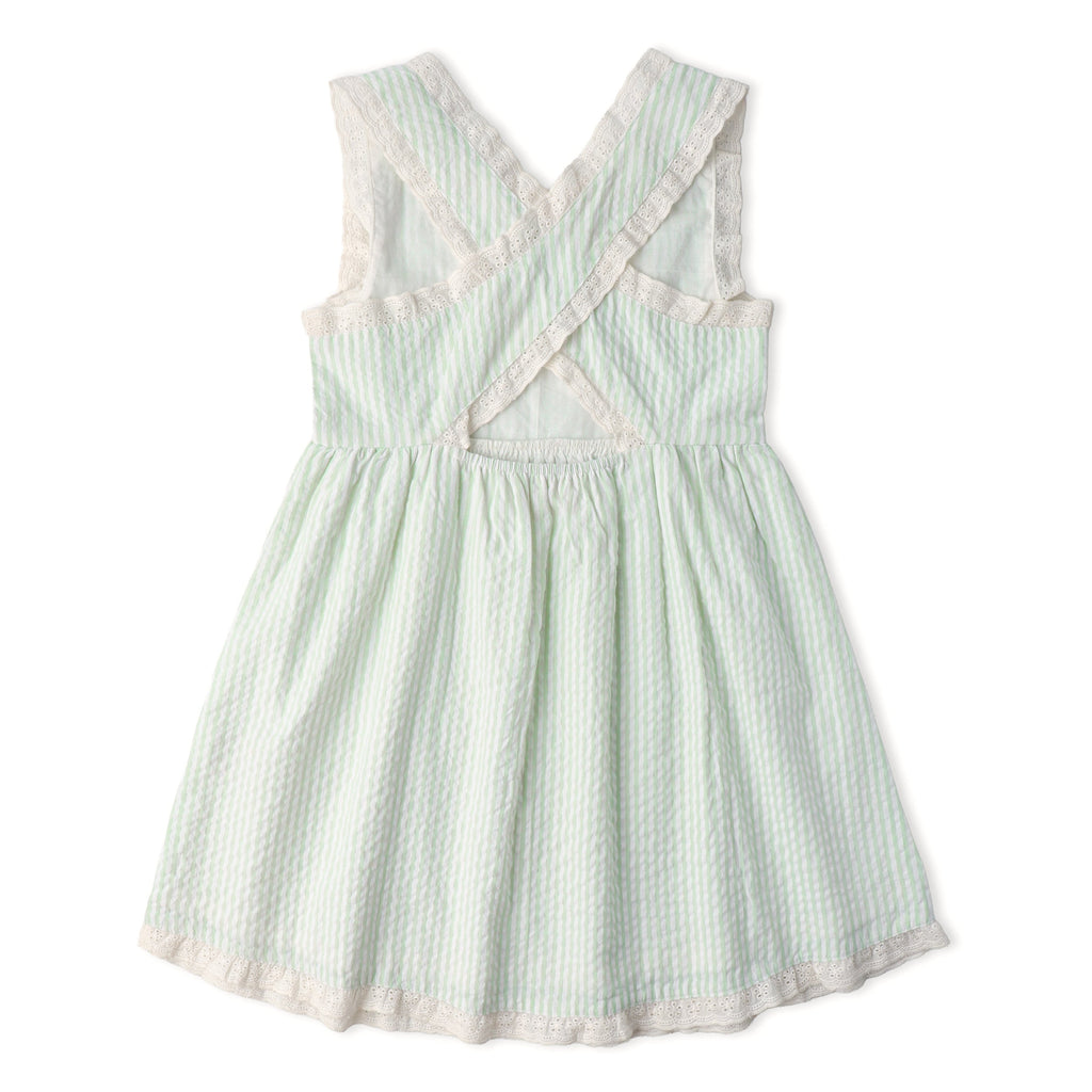Organic Cotton Seersucker Cross Back Dress - Basil Stripes