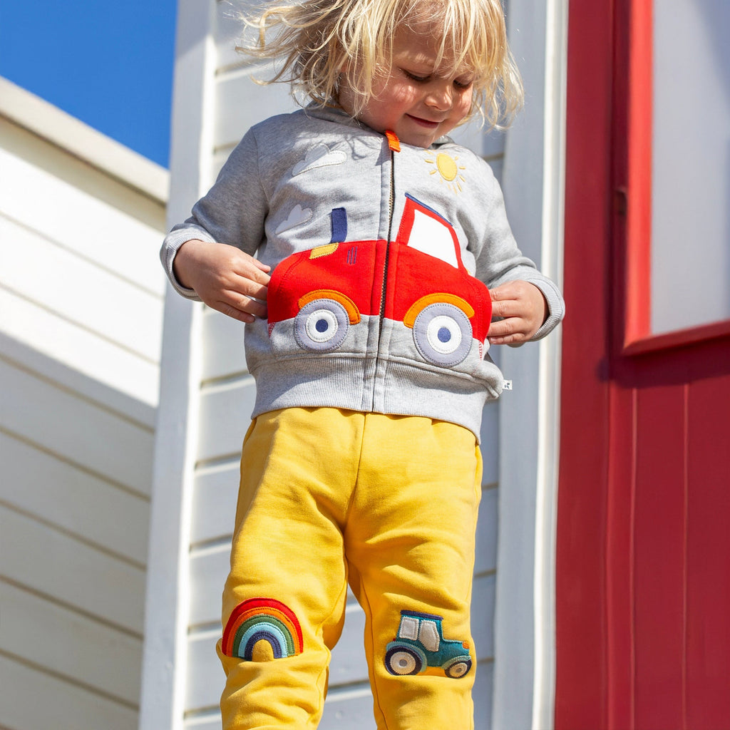 Organic Cotton Joggers - Tractor/Rainbow Knee Patch Yellow