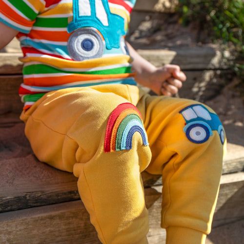 Organic Cotton Joggers - Tractor/Rainbow Knee Patch Yellow